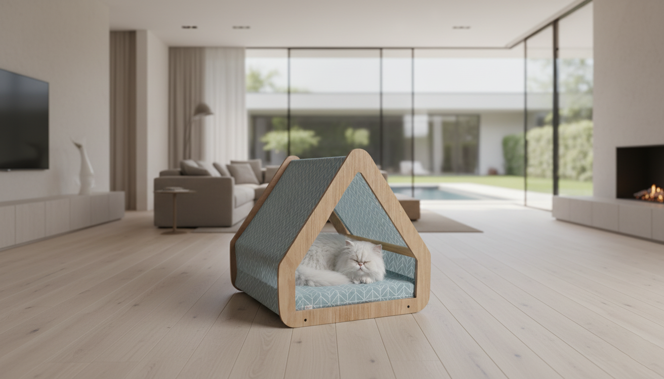 Cuccia in legno dallo stile minimalista inserita in un arredamento moderno da interno.